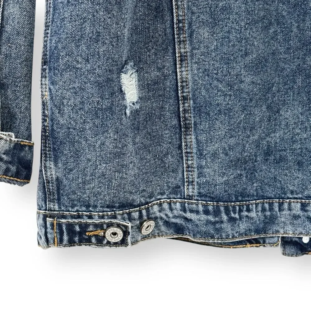 Umgee Womens Denim Jacket XL Distressed Blue Jean Trucker Button Front Cotton
